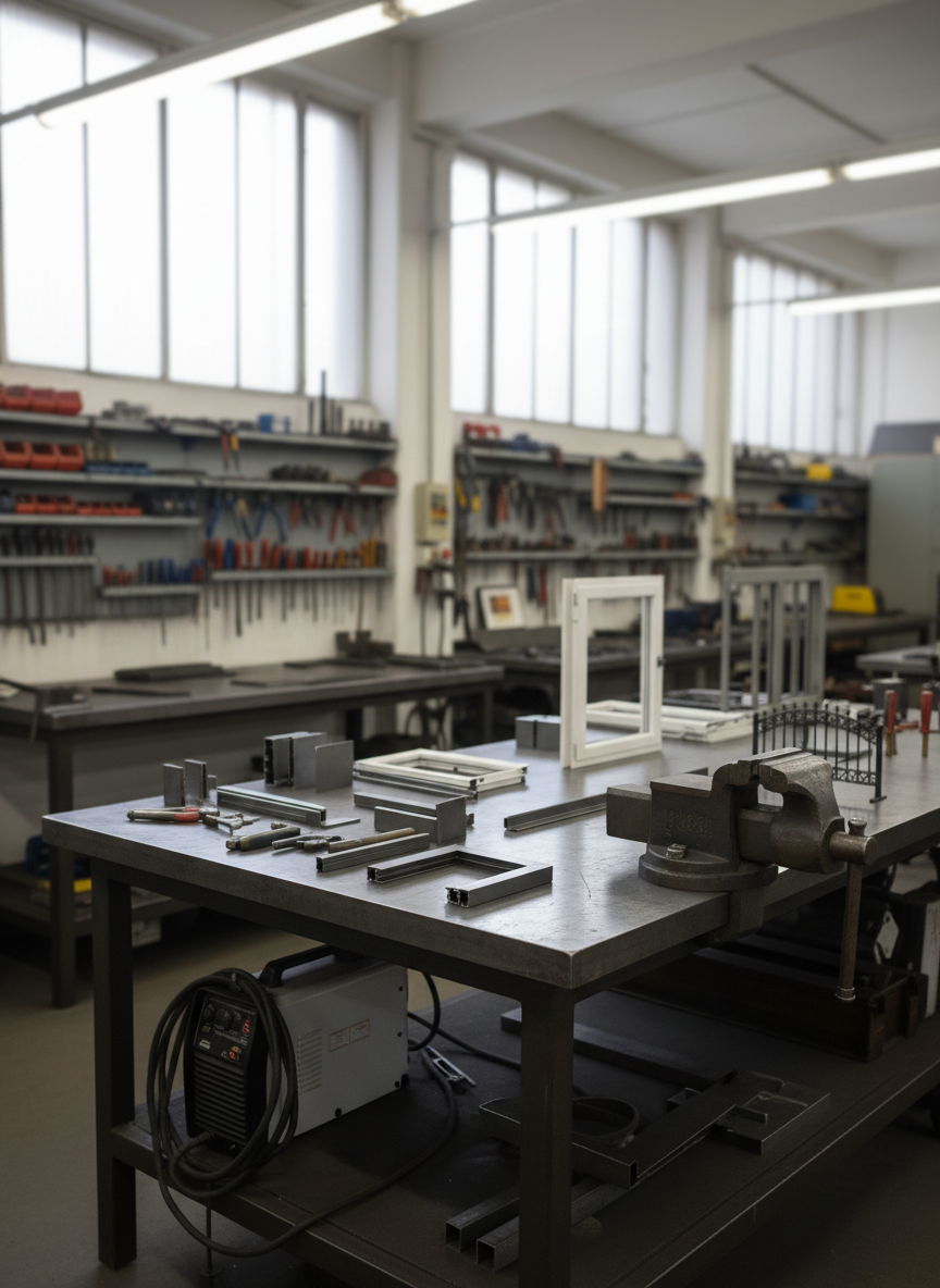 Un laboratorio di fabbro ordinato e luminoso, con un grande banco da lavoro in metallo grezzo al centro, coperto da campioni di profili in ferro, pezzi di serramenti, angolari e piccoli modelli di cancelli. Sullo sfondo, scaffali metallici con attrezzi allineati, una morsa robusta fissata al banco e una saldatrice riposta con cavi avvolti con cura. La luce diffusa entra da alte finestre industriali, integrata da neon bianchi sul soffitto, creando riflessi controllati sulle superfici metalliche. Inquadratura leggermente dall’alto, con profondità di campo che mantiene nitidi banco e attrezzi principali, mentre lo sfondo resta appena sfumato. Stile fotografico realistico, atmosfera professionale, ordinata e affidabile, che comunica esperienza artigianale e serietà.
