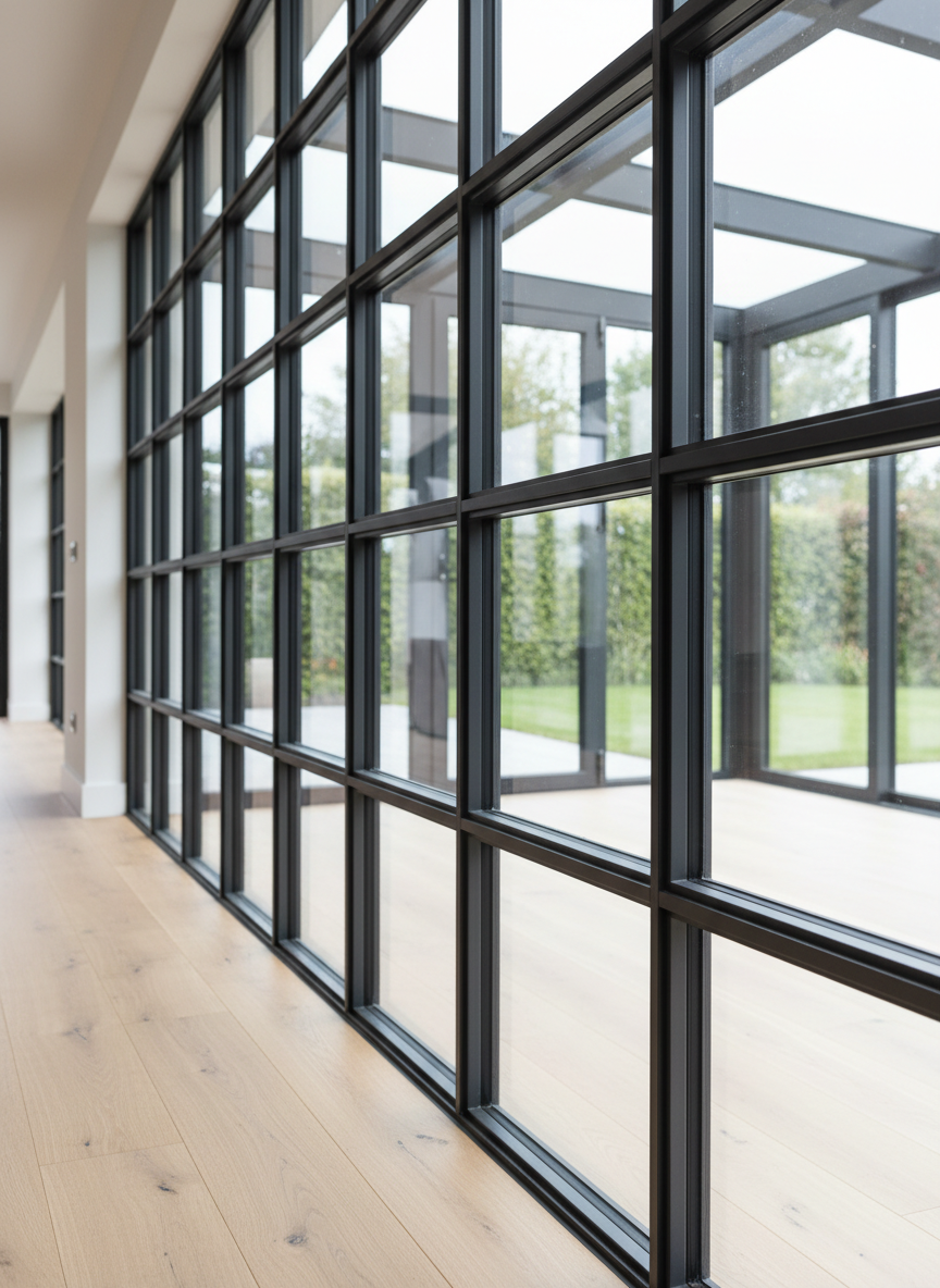 Una serie di finestre in ferro e vetro a taglio termico di colore antracite, perfettamente allineate su una parete interna che separa soggiorno e veranda. I profili sottili ma robusti incorniciano vetri doppi leggermente riflettenti, mostrando guarnizioni e dettagli di ferramenta di alta qualità. All’esterno, un giardino sfocato; all’interno, un parquet rovere chiaro. La luce naturale di tarda mattina filtra abbondante, generando riflessi lineari sui profili scuri e una leggera profondità di campo che sfuma lo sfondo. Inquadratura leggermente angolata, dal basso verso l’alto, per enfatizzare l’altezza e la precisione delle linere. Stile fotografico realistico, atmosfera moderna, luminosa e ordinata che comunica comfort e qualità costruttiva.
