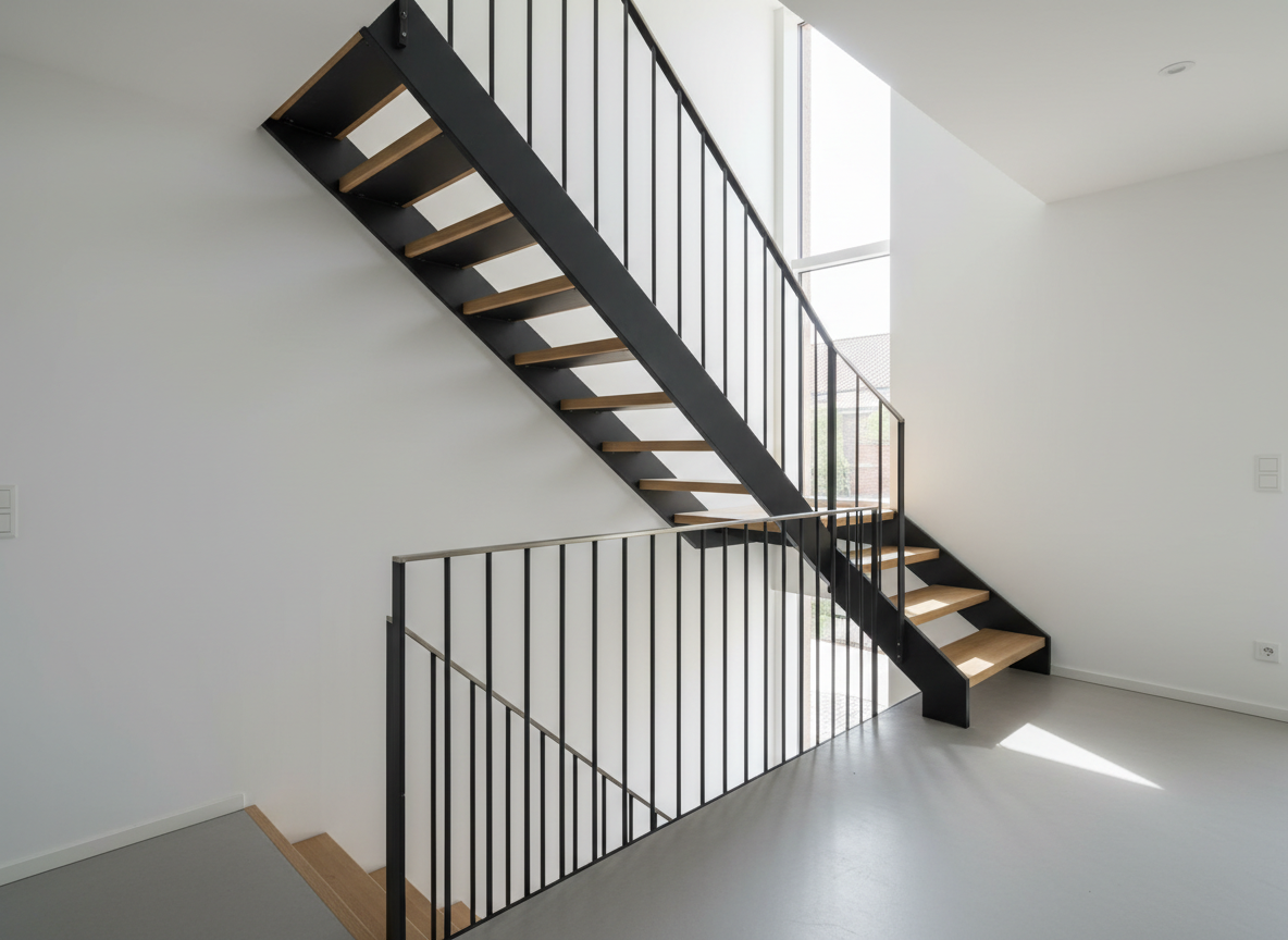 Una scala interna in ferro verniciato nero opaco con gradini in legno chiaro, dal design essenziale e contemporaneo, installata in un ambiente domestico minimalista. Il parapetto è realizzato con sottili tondini verticali in ferro perfettamente allineati, mentre i fissaggi a muro sono a vista, in acciaio satinato. Sullo sfondo, pareti bianche e un pavimento continuo in resina grigio chiaro. La luce naturale di mezzogiorno entra da un’ampia finestra laterale, creando ombre lineari che seguono l’andamento dei gradini. Inquadratura in diagonale, ripresa da metà scala verso l’alto, con profondità di campo che mantiene nitido l’intero sviluppo della struttura. Stile fotografico realistico, atmosfera moderna, ordinata e accogliente, che valorizza la cura dei dettagli artigianali.