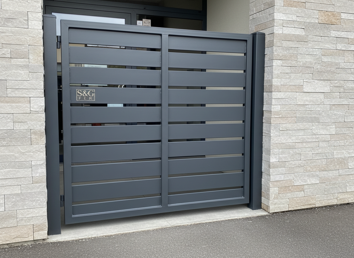 Un elegante cancello pedonale in ferro zincato e verniciato color grafite, con linee geometriche moderne e pannelli pieni alternati a listelli orizzontali, installato all’ingresso di una piccola attività commerciale. Il cancello si apre su una pavimentazione in cemento lisciato e una facciata con rivestimento in pietra ricostruita. Un piccolo logo metallico stilizzato "S & G FER" è fissato sul lato del telaio, discreto ma leggibile. La luce è quella morbida di una giornata leggermente nuvolosa, che elimina riflessi duri e mette in evidenza la texture della verniciatura e della pietra. Ripresa frontale, con leggera angolazione per mostrare spessore e cerniere. Fotorealismo pulito, atmosfera solida e professionale, perfetta per presentare soluzioni su misura per negozi e uffici.