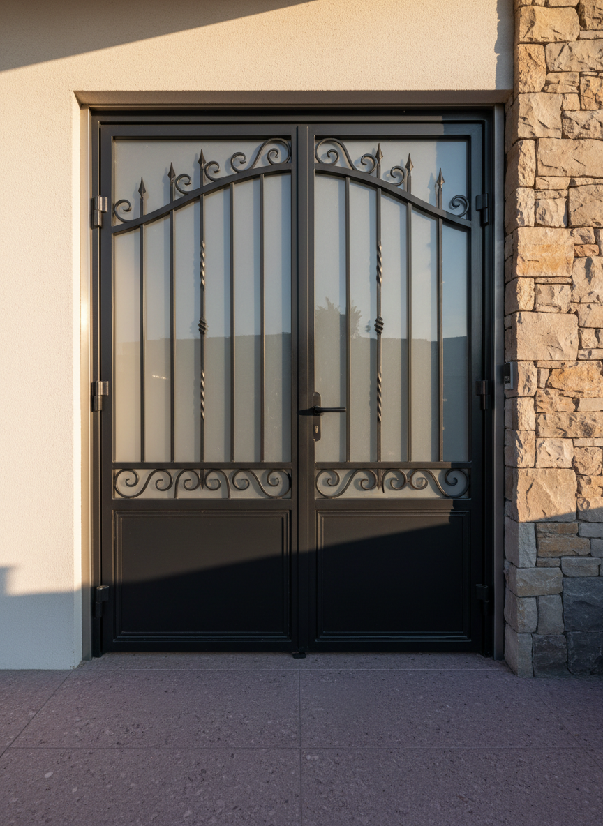 Un grande portone d’ingresso in ferro battuto nero opaco, con dettagli artigianali a volute, pannelli pieni e inserti in vetro satinato, montato su una facciata moderna in intonaco chiaro e pietra naturale. Il portone è perfettamente allineato in una cornice in acciaio, con guarnizioni a vista che suggeriscono isolamento e robustezza. Illuminazione naturale di fine pomeriggio entra di lato, creando riflessi morbidi sui profili metallici e ombre precise sul pavimento in porfido. Composizione frontale, a livello degli occhi, con messa a fuoco nitida su cerniere, serratura di sicurezza e maniglione. Fotorealismo pulito e professionale, atmosfera affidabile e solida, ideale per un’azienda di fabbro specializzata in soluzioni per la casa.