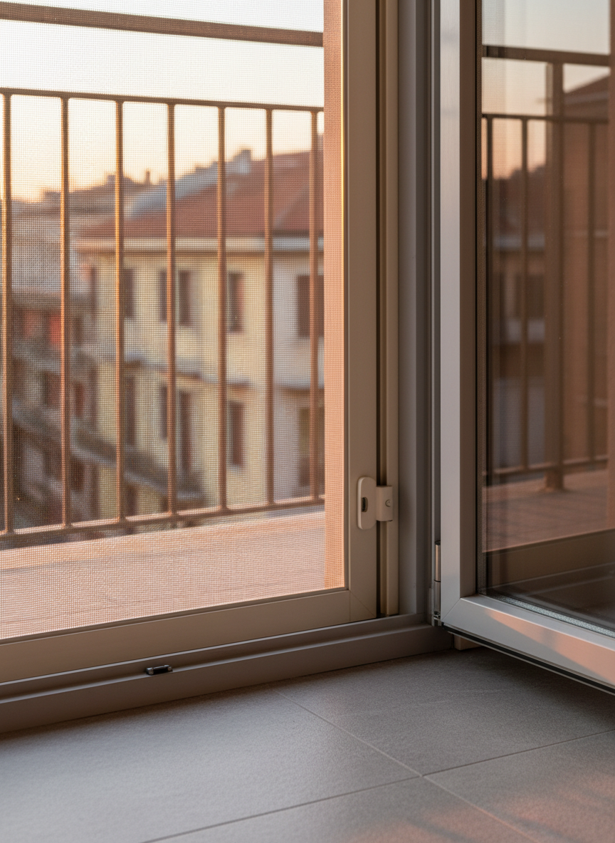 Una zanzariera a rullo in alluminio color bianco caldo perfettamente integrata in un serramento in ferro verniciato grigio chiaro, montato su una porta finestra che dà su un balcone cittadino. Il telo della zanzariera, teso e uniforme, mostra una trama fine, visibile in controluce. La luce naturale del tramonto entra dall’esterno, colorando leggermente di arancio i profili metallici e creando ombre morbide sul pavimento in gres chiaro. Scatto ravvicinato a livello delle mani, ma senza persone, concentrato su maniglietta, guida laterale e cassonetto superiore. Composizione pulita con sfondo urbano sfocato, fotorealismo dettagliato, atmosfera domestica, ordinata e funzionale che trasmette praticità e cura artigianale.