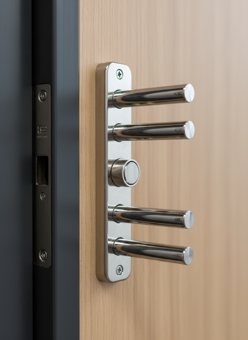Un dettaglio ravvicinato di una serratura di sicurezza a più punti montata su una porta blindata in ferro rivestita con pannello in effetto legno chiaro. Si vedono chiaramente cilindro, piastrina antitrapano in acciaio lucido e perni multipli sporgenti dal lato della porta, tutti perfettamente allineati. Il telaio in ferro verniciato scuro contrasta con la venatura calda del rivestimento. Illuminazione artificiale neutra proveniente dall’alto, come in un interno ben illuminato, che crea piccoli riflessi controllati sui componenti metallici. Sfondo volutamente sfocato per concentrare l’attenzione sulla meccanica e sulle finiture. Scatto macroscopico in stile fotografico realistico, atmosfera tecnica e affidabile che comunica sicurezza, precisione e cura dei dettagli tipica di un fabbro esperto.