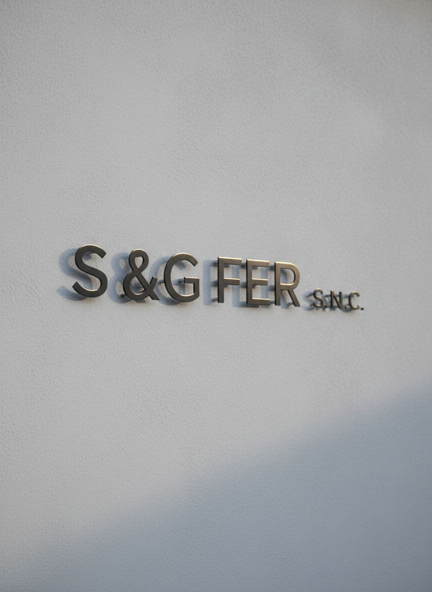 Un’insegna aziendale in ferro tagliato al laser con la scritta "S & G FER S.N.C" in caratteri moderni, montata su una parete esterna in intonaco grigio chiaro. Le lettere in ferro verniciato grigio scuro sono distanziate dal muro tramite piccoli distanziali cilindrici, creando un effetto di ombra proiettata. La luce laterale del mattino genera una sottile linea luminosa sul bordo superiore di ogni lettera e ombre nette ma non dure sullo sfondo. Composizione centrata, ripresa frontale con leggerissima inclinazione per suggerire profondità, sfondo pulito e privo di distrazioni. Stile fotografico realistico, atmosfera professionale ed essenziale, che esprime identità chiara, precisione del taglio e qualità delle finiture metalliche.